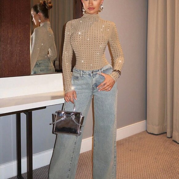 Tops - Khaki Casual Women's Stand Collar Long Sleeve Rhinestone Decorated Bodysuit